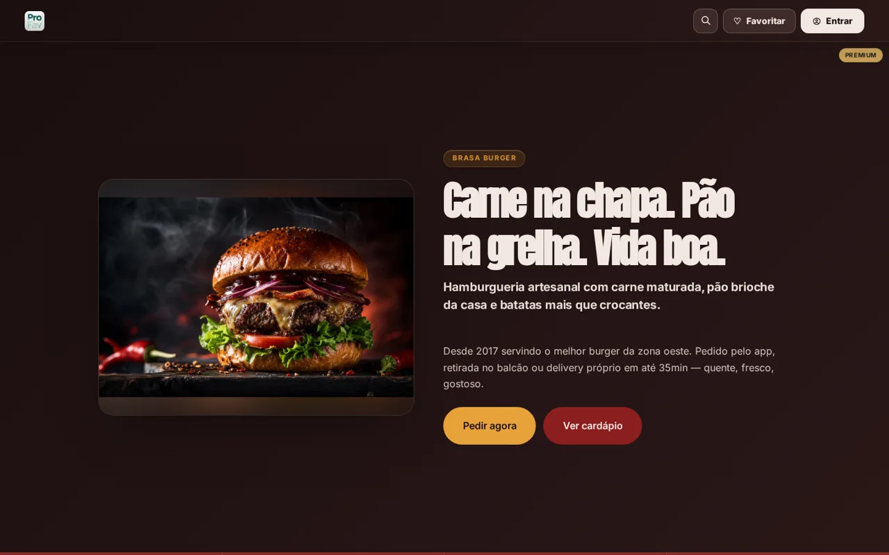 Página demonstrativa de Hamburgueria e delivery feita no ProFAV